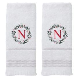 SKL Home Christmas/Winter Wreath Monogram Hand Towel N 2pc Set for Bath/Kitchen/Bar & Gift, White