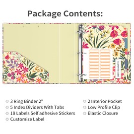 Ospelelf 3 Ring Binder 2 Inch, Cute Binder for Letter Size (11" x 8.5") with 5 Tab Dividers, File Folder Labels and Low Profile Clipboards, Floral Binder for School Supplies and Office Supplies