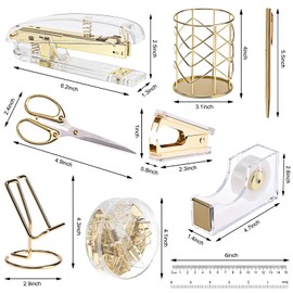EOOUT Gold Office Supplies Set Desk Accessories, Acrylic Stapler Set Staple Remover, Phone Holder, Tape Holder, Pen Holder, 2 Ballpoint Pen, Scissor, Binder Clips, Ruler, Transparent Glue and Staples.