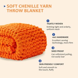 L'AGRATY Chunky Knit Blanket Throw: 50''x60'' Chenille Chunky Knitted Throw Blanket for Bed Couch - Handmade Thick Big Cable Knit Blanket - Large Chunky Crochet Rope Blanket for Home Decor(Orange)