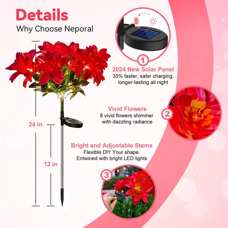 Neporal Solar Flowers Outdoor Waterproof Pink, 4PK 7-Stem Garden Solar