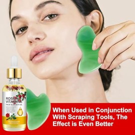 Aceite facial de vitamina E, aceite de vitamina E de rosa con herramientas de masaje Gua Sha para cara y cuerpo, aceite de rosa orgánico para hidratac