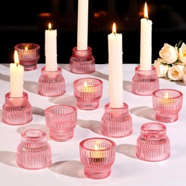 12pcs Pink Taper Candle Holders, Glass Candlestick Holders, Tea Light Candle Holder for Wedding Centerpieces Table Decorations, Votive Candle Holders for Party Supplies and Home Decor