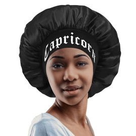 AllMatchWigs Constellation Print Satin Sleep Bonnet, Soft Comfortable Sleeping Bonnet, Make Up Washing Face Daily Use,Shower Cap for Women (Capricorn(12.22-1.19)) Black