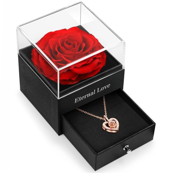 HEGUD Preserved Real Rose with I Love You Necklace Gifts for Women, Eternal Flowers Enchanted Flower Gifts for Women Mom Girlfriend Wife on Christmas Birthday Anniversaries Valentines Day Mothers' Day
