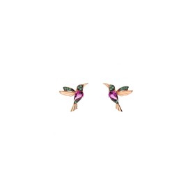 Einzelstück ® hummingbird stud earrings I With zirconia stones green and purple I Silver earrings I 925 Sterling silver 14K gold plated I Handmade unique piece (rose gold)