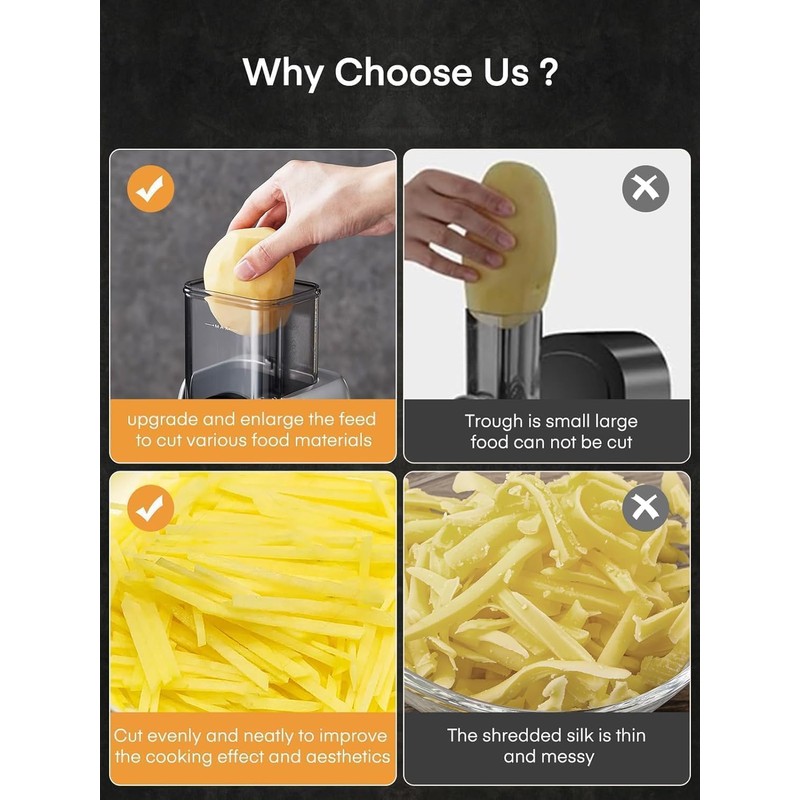 FOHERE Electric Cheese Grater, Upgraded 6-IN-1 Large Feed Chute Electric
