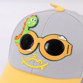 Kids Cartoon Dinosaur Baseball Cap - Toddler Summer Sun Hat with Glasses Decoration Breathable Cotton Outdoor Hat for Boys 2-6 Years Yellow-Grey