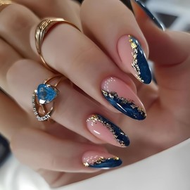 Almond Press on Nails - Medium Length Fake Nails with Gold Marble Foil Designs, Blue Pink Nails Press ons, Cute Glue on Nails for Women, Natural Fit Stick on Nails - 24Pcs French False Nails Kit