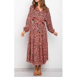 PRETTYGARDEN Womens Long Sleeve Wrap V Neck Ruffle Tiered Floral Maxi Dress Casual Tie Waist Boho Chiffon Flowy Long Dresses(Orange,Medium)