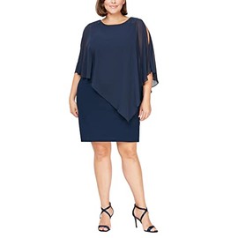 S.L. Fashions Women's Plus Size Short Sheath Beaded Overlay Capelet Dress, New Navy, 16W