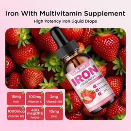 Liquid Iron Supplement for Women Men & Kids Multivitamin Iron Drops with Folate, Vitamin C, B6, B12, Zinc for Anemia, Iron Deficiency, Blood Builder, Energy - Natural Strawberry Flavor, Vegan 2 Fl Oz