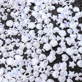 ShynyShy Nail Charms for Nails Design, Bow Nail Charms, 1200PCS 3D Multi Shapes Pearl Nail Jewels for Nail Art, Kawaii/Cute Nail Charms for Aacrylic Nails, Heart Star Butterfly for Craft (White)