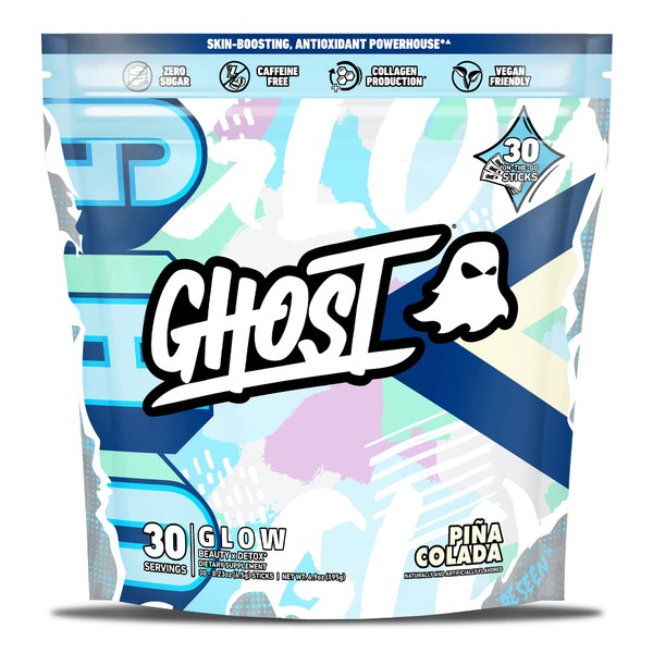 GHOST Glow Sticks: Beauty and Detox Supplement - 30 On-The-Go Stick Packs, Pina Colada - Hyaluronic Acid, Biotin & L-Theanine for Skin-Boosting Support – Sugar Free, Gluten Free