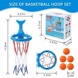 Bath Toys for Kids Toddlers, Bathtub Basketball Hoop with 5 Holeless Balls and Suction Cup for Ages 4-8, Fun Shark Tub Toys for Indoor/Outdoor