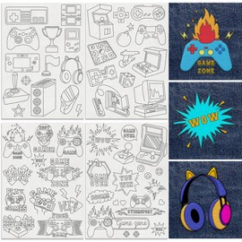 DOODLREAM 42Pcs Video Game Controller Embroidery Pattern Stabilizer, 21 x 29.7cm Game Over Soluble Stick and Stitch Embroidery Sticker, 4 Sheets Gamepad Water Hand Sewing DIY Embroidery Paper