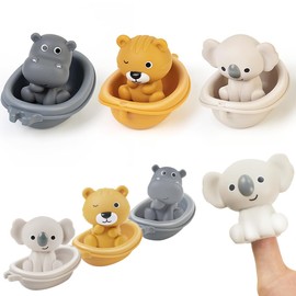 Auvitaya Baby Bath Toy Stackable Infant Bathtub Toys Stacking Floating Boat Train with Animal Finger Puppets Bath Toy Silicone Hand Puppet Educational Beach Toys for Babies Toddlers Party Favors