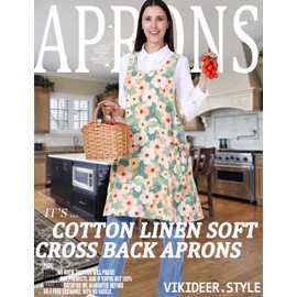 OCXMME OCXXMME Adjustable Easeful Cross Back Aprons for Women Floral Aprons with Pockets Cotton Linen, Rose With Green Background, Large