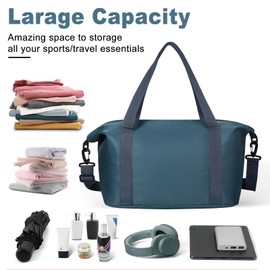 DMLuna Travel Duffel Bag, Tote Sports Gym Bag, Shoulder Overnight Weekender Bag for Women & Men, Hospital bag, Water-Resistant Duffel Bag with Trolley Sleeve, Peacock Blue