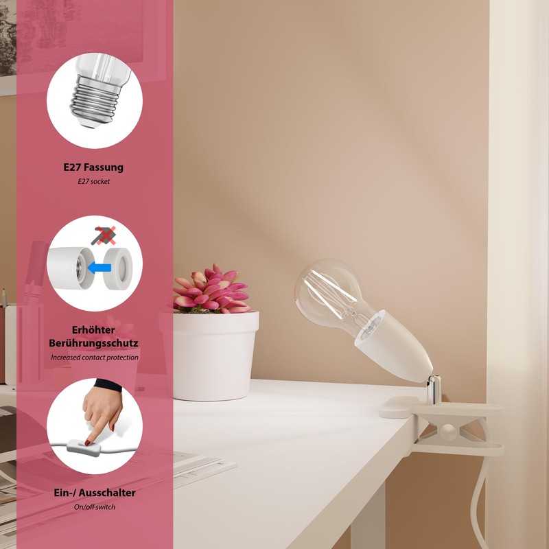 ledscom.de LIK Clamp Light, Matte White, 1x E27 Max. 60