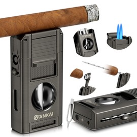 FANKAI Cigar Lighter, 5 in 1 Cigar Torch with V Cutter, Cigar Punch, Cigar Stand, Cigar Poker, Butane Lighter Double Jet Flame, Cigar Gift for Cigar Smokers (Gray)