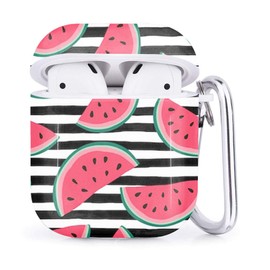 Compatible with Airpods 2 & 1 – Shockproof TPU Gel Portable Protection Soft Case Cover Skin with Carabiner Clip Keychain (Watermelon Slices On)