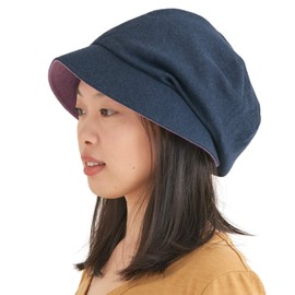 CHARM Womens Organic Cotton Sun Hat - Japanese Summer Reversible Chemo Cap Elastic Navy & Purple