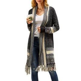 Misassy Womens Boho Open Front Long Cardigans Sweater Loose Long Sleeve Embroidery Tassels Kimono Duster Outwear Z-Black