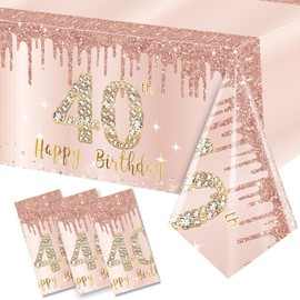 3 Pack 40th Birthday Tablecloth Decorations for Women, Pink Rose Gold Happy 40 Birthday Theme Table Cover Party Supplies, Forty Year Old Birthday Plastic Disposable Rectangular Table Cloth Decor