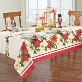 Elrene Home Fashions Red and White Poinsettias Holiday Fabric Tablecloth, Multi, 60" x 144" (Tablecloth)