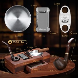 FANKAI Cigar Ashtray Set, Wooden Ash Tray with Accessories Drawer, Refillable Cigar Lighter Built in Punch, Stainless Steel Cutter Guillotine, Smoking Pipe, 3 Stands
