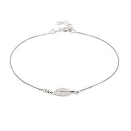 Vanbelle Sterling Silver Jewelry Centered Leaf Nature-Theme Anklet with Rhodium Plating for Women