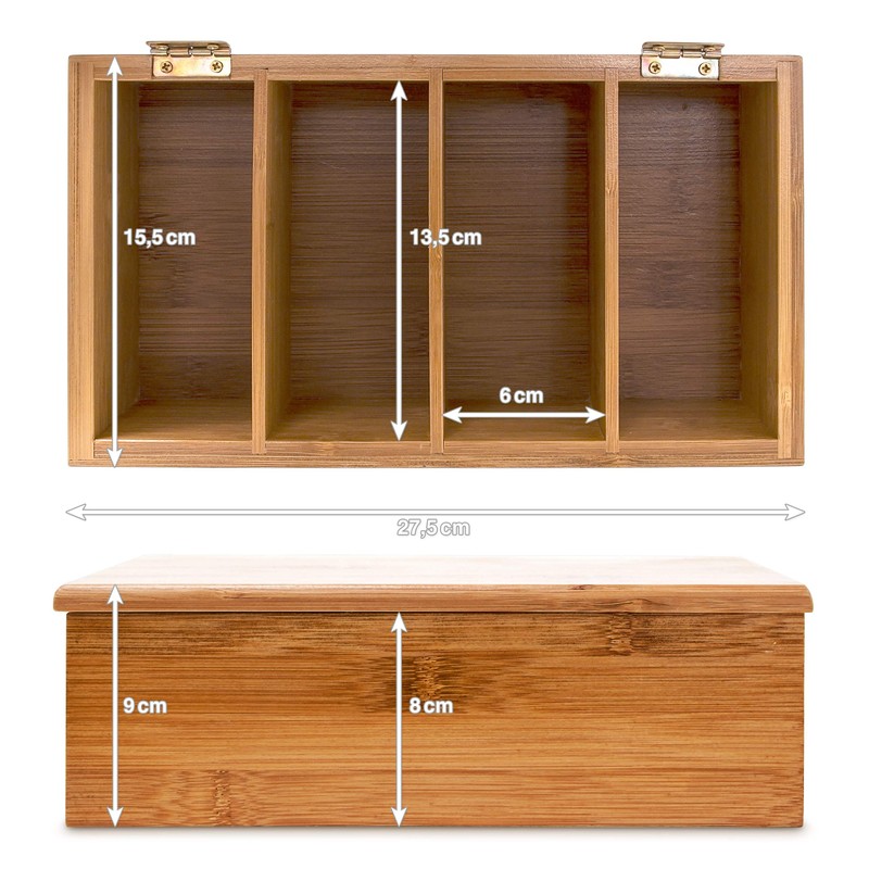 Relaxdays 10018875 Bamboo Tea Box 4 Compartments with Lid High-quality