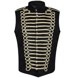Pamposh Steampunk Hussar Napoleon Military Drummer Parade Sleeveless Jacket (UK, Alpha, XL, Regular, Regular, Black & Gold)