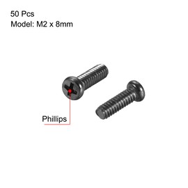 uxcell M2x8mm Phillips Screw Fastener Black 2.8mm Dia Screw Head for Laptop PC TV Fan Switch 50pcs
