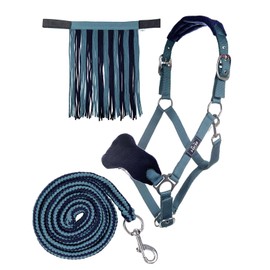 HKM, Horse Halter Set, Lead Rope, Fly Fringe, Knitted, 180 cm, Carabiner, Pony, VB WB, 10733, Petrol/navy blue