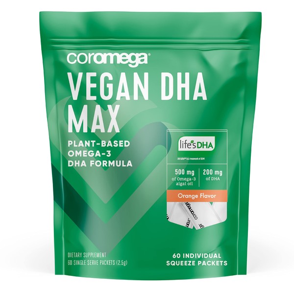 Coromega Vegan DHA, Plant-Based Omega-3 Algal Oil, Heart, Eye, Immune & Brain Health, Orange Flavor, 60 Ct
