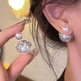 Allereya Vintage Pearl Ear Jacket Earrings Large Pearl Earrings Silver Crown Earrings Double Side Pearl Stud Earrings Jewelry for Women and Girls
