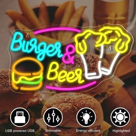 NXYX Burger Neon Sign Beer Burger Dimmable Led Light for Wall Decor Food Decor Neon Lights Signs Snack Bar Sign Light Fast Food Business Open Signs for Restaurant Burger Shop Kitchen