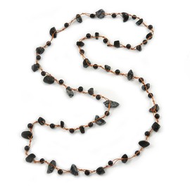 Avalaya Black Ceramic Bead, Grey Glass Nugget Orange Cotton Cord Long Necklace - 90cm L
