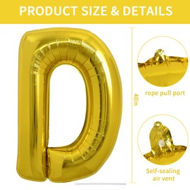TONIFUL 40 Inch Large Gold Letter D Balloons Helium Balloons,Foil Mylar Big Balloons for Birthday Party Anniversary Supplies Decorations
