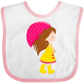 inktastic Girl in Raincoat, Girl with Umbrella, Brown Hair Baby Bib White and Pink 460af