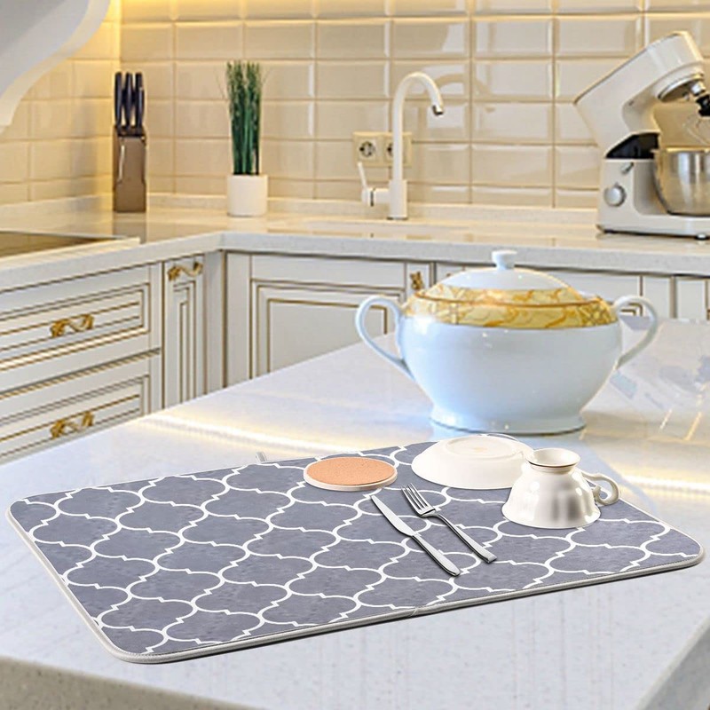 Moroccan Tile Gray Absorbent Dish Drying Mat Microfiber Dish Pat