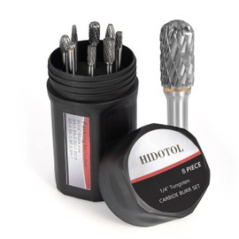 HIDOTOL Carbide Burr Set 1/4" Shank 8PC Tungsten Double Cut Carbide Rotary Burr Set for Metal and Wood Carving, Grinding, Polishing, Engraving, Drilling in Sturdy Round Case.