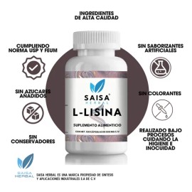 L-lisina 100% Pura 120 Cápsulas | Suplemento Alimenticio Saisa Herbal Sin sabor | síntesis de proteínas y recuperación muscular, refuerzo del sistema inmunológico