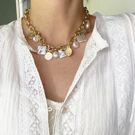 Quizzhe Punk Cuban Link Chain Choker Necklace for Women Gold Paperclip Irregular Pearl Chunky Chain Tassel Carved Coin Pendant Collar Necklace Dainty Boho Chain Necklace