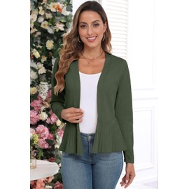 GRECERELLE Women's Cardigan with Pleated Hem Lightweight Long Sleeves Cardigan Women's Short Elegant Casual Open Front Bolero, Army Green, L