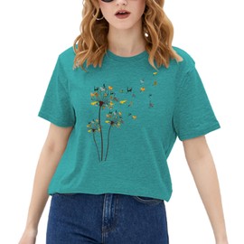 Cat Shirts for Women Flower Tee Shirts Dandelion T-Shirt Vintage Floral Tee Tops Women Graphic Tees