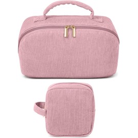 MAGEFY 2PCS Cosmetiquera para Maquillaje, Bolsa de Maquillaje de Pana con Asa, Juego de Tamaño Grande y Pequeño para Mujer, Estuche Expandible para Viajes y Organización (Rosa)