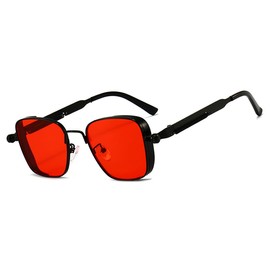 MEGAVOW Retro Steampunk Sunglasses for Men and Women, Vintage Square Polarised Sunglasses, Cool Rave Glasses, Fancy Dress, Aviator Glasses, Party Glasses with UV400 Protection, Black Frame / Red Lens